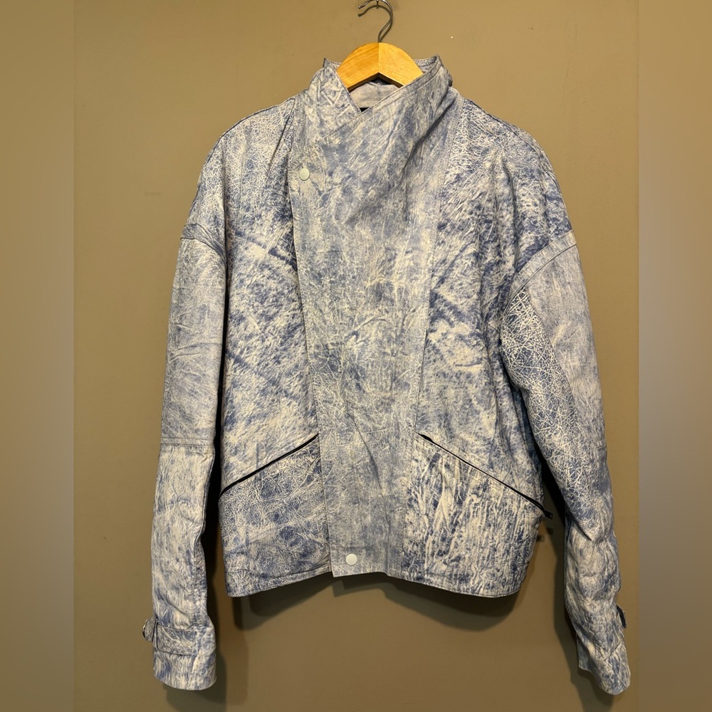 GENUINE LEATHER Vintage 80’s Acid Wash Denim Blue Moto Bomber Jacket Mexico Made - Picture 3 of 12